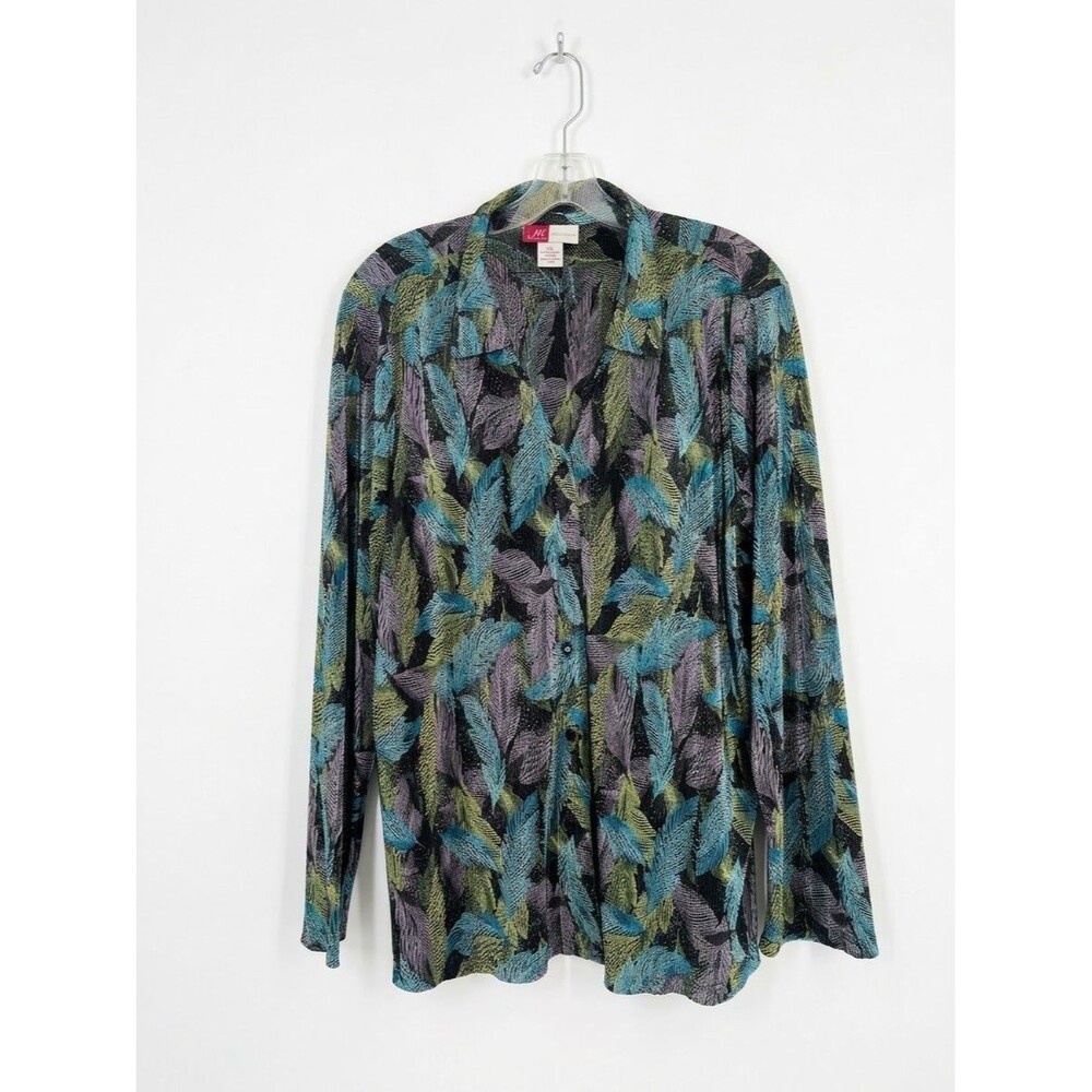 JM Collection Woman 3X Plisse Feather Print Button Front Shirt Long Sleeve Top